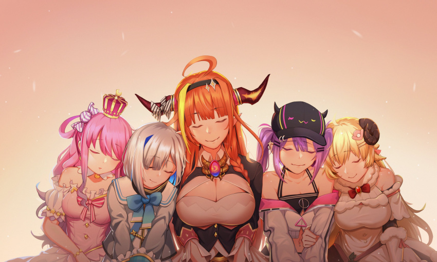 5girls absurdres ahoge amane_kanata angel animal_ears asymmetrical_hair bangs bare_shoulders baseball_cap beige_background belt_pouch bibi_(tokoyami_towa) black_hairband black_headwear black_jacket black_tank_top blonde_hair blue_hair blue_neckwear blunt_bangs bow bowtie braid breasts brooch candy_hair_ornament cleavage cleavage_cutout closed_eyes closed_mouth clothing_cutout collarbone collared_shirt colored_inner_hair commentary crop_top cropped_jacket crown curled_horns demon_girl demon_horns detached_collar detached_sleeves diagonal-striped_bow dragon_girl dragon_horns dress ear_piercing english_commentary eyebrows_visible_through_hair fake_horns fangs food-themed_hair_ornament fur-trimmed_dress fur-trimmed_sleeves fur_trim gem gradient_hair grey_jacket hair_ornament hair_rings hairband hairclip hat head_on_another's_shoulder highres himemori_luna holding_another's_arm hololive horn_bow horns iamfishtail jacket jewelry kiryu_coco large_breasts leaning_on_person leaning_to_the_side long_hair long_sleeves medium_breasts midriff mini_crown multicolored_hair multiple_girls navel navel_piercing off_shoulder one_side_up orange_hair piercing pink_dress pink_hair pointy_ears pouch princess purple_hair red_neckwear sheep_ears sheep_girl sheep_horns shirt short_hair side-by-side side_braid sidelocks silver_hair simple_background single_braid single_hair_intake skin_fangs smile streaked_hair striped striped_bow tank_top tears tokoyami_towa tsunomaki_watame turtleneck twintails upper_body virtual_youtuber white_dress white_jacket white_shirt