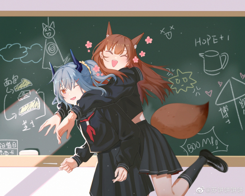 2girls animal_ear_fluff animal_ears arknights black_footwear black_legwear black_serafuku black_shirt black_skirt chalkboard chinese_commentary closed_eyes dragon_horns extra_ears fang flower foot_up fox_ears fox_girl fox_tail franka_(arknights) grey_hair hair_ornament hairclip highres horns indoors liskarm_(arknights) multiple_girls one_eye_closed open_mouth orange_eyes pleated_skirt ponytail red_neckwear school_uniform serafuku shirt shoes skin_fang skirt socks sucrying tail weibo_username