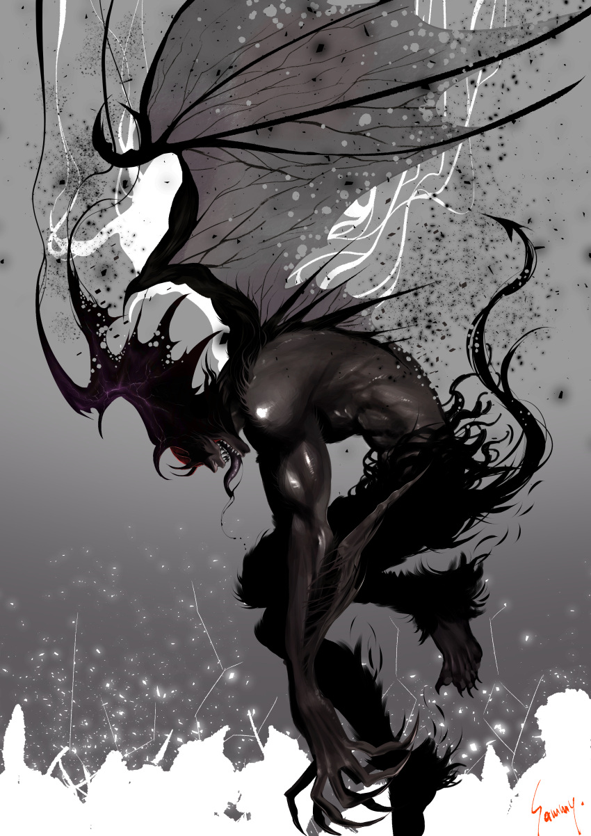 1boy absurdres barefoot bat_wings black_fur claws demon_horns demon_tail demon_wings devilman devilman_(character) head_wings highres horns long_tongue muscular muscular_male nagai_gou_(style) open_mouth sharp_teeth sharp_toenails smile tail teeth toenails tongue user_xmrc3232 wings