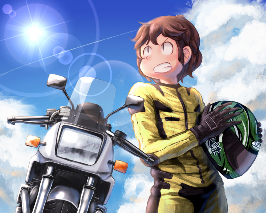 1boy bangs biker_clothes bikesuit black_gloves blue_sky bodysuit brown_hair clenched_teeth cloud commentary cookie_(touhou) cowboy_shot gloves ground_vehicle helmet holding holding_helmet lens_flare looking_afar motor_vehicle motorcycle motorcycle_helmet puhaa short_hair sky solo sun suzuki_(cookie) teeth yellow_bodysuit zipper