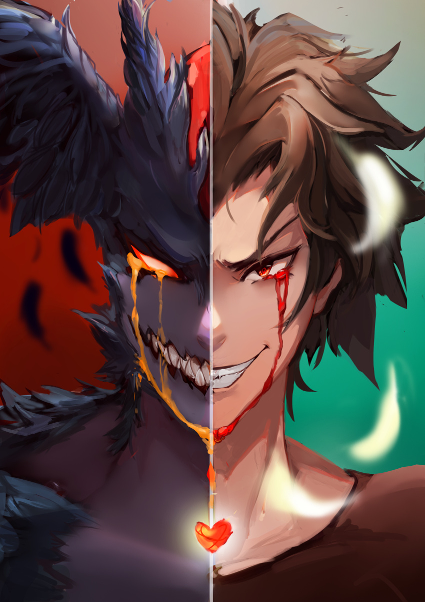 1274433817 1boy absurdres black_feathers blood bloody_tears brown_hair devilman_(character) devilman_crybaby dual_persona fudou_akira grin heart highres looking_at_viewer red_eyes sharp_teeth smile teeth white_feathers