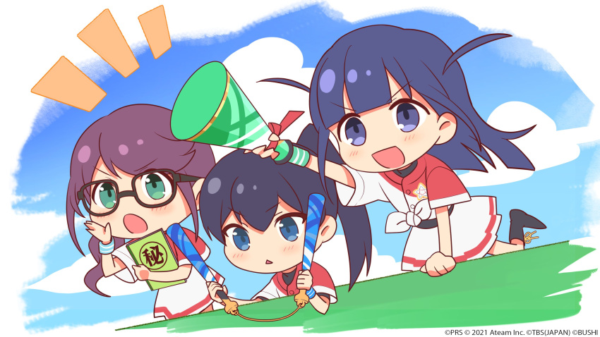 3girls :d absurdres alternate_hairstyle arm_support artist_request bangs baseball_bat baseball_uniform black-framed_eyewear black_footwear black_hair blue_eyes blue_hair blunt_bangs blunt_ends blush boots buttons cheering chibi commentary_request day eyebrows_visible_through_hair glasses green_eyes hand_up hands_up highres holding holding_baseball_bat holding_megaphone holding_notebook hoshimi_junna kagura_hikari leaning_forward leg_up long_hair looking_away low_ponytail megaphone miniskirt multiple_girls notebook notice_lines official_art open_mouth outdoors outstretched_arm parted_lips pleated_skirt ponytail purple_eyes purple_hair red_shirt shirt short_sleeves shoujo_kageki_revue_starlight shoujo_kageki_revue_starlight_-re_live- shouting shouting_with_hands side_ponytail single_stripe skirt smile sportswear standing standing_on_one_leg sweatband swept_bangs tied_shirt triangle_mouth tsuyuzaki_mahiru two-tone_shirt two_side_up undershirt v-shaped_eyebrows watermark white_background white_shirt white_skirt wristband