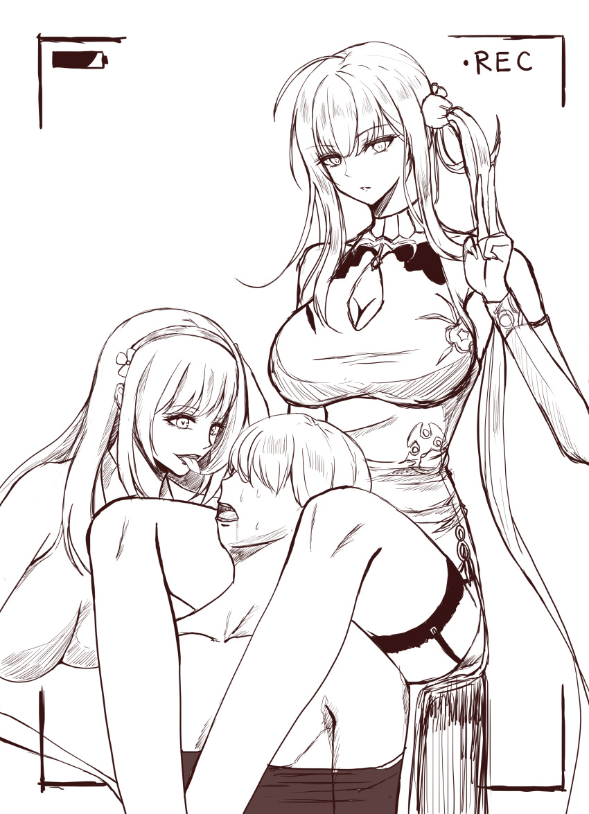 1boy 2girls absurdres bangs bound breasts bullying china_dress chinese_clothes cleavage closed_mouth clothed_female_nude_male collarbone dress dsr-50_(girls'_frontline) femdom fingernails flower garter_straps girls'_frontline greyscale hair_flower hair_ornament hairband hand_up highres large_breasts legs long_hair looking_at_another looking_at_viewer monochrome multiple_girls neri_aisu nude open_mouth qbz-95_(girls'_frontline) recording sadism saliva short_hair sitting sitting_on_person sitting_on_shoulder sweat thighhighs thighs tied_up tongue tongue_out white_background