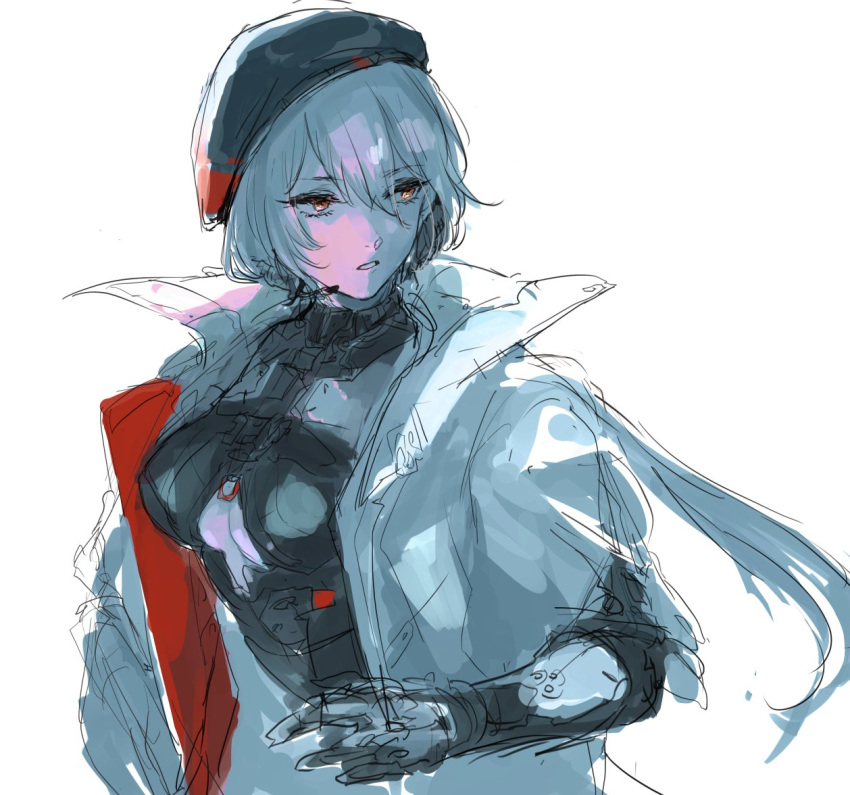 beret breasts cleavage cleavage_cutout clothing_cutout girls'_frontline girls'_frontline_2:_exilium gloves hair_between_eyes hat headset jacket long_hair medium_breasts open_clothes open_jacket osakana_(denpa_yun'yun) ots-14_(girls'_frontline) parted_lips ponytail sketch upper_body white_background white_jacket yellow_eyes