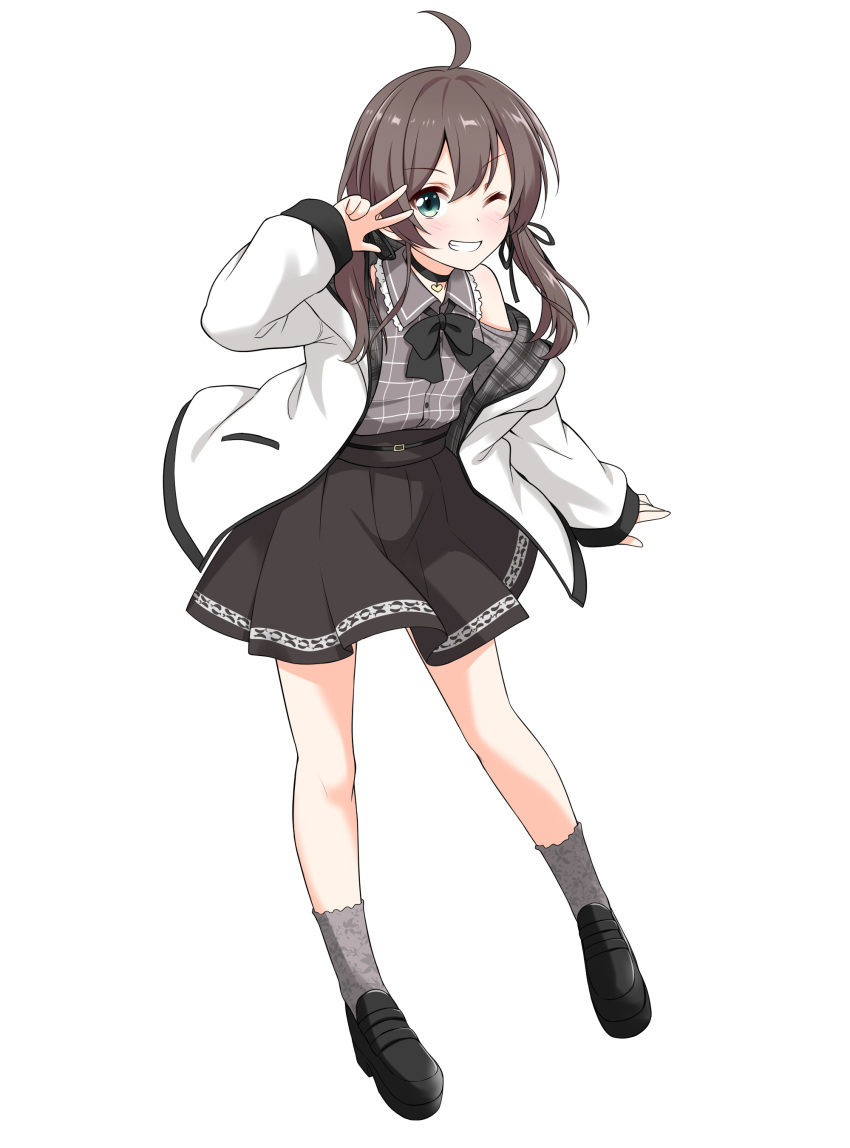 1girl absurdres ahoge aqua_eyes bangs black_choker black_footwear black_neckwear black_ribbon black_skirt blush bow bowtie brown_hair choker clothing_cutout collared_shirt felutiahime full_body grey_legwear grey_shirt grin hair_between_eyes hair_ribbon high-waist_skirt highres hololive jacket lace lace_legwear leaning_forward long_sleeves low_twintails miniskirt natsuiro_matsuri one_eye_closed plaid plaid_shirt pleated_skirt ribbon shirt shoes short_hair shoulder_cutout simple_background skirt smile socks solo twintails v_over_eye virtual_youtuber white_background white_jacket