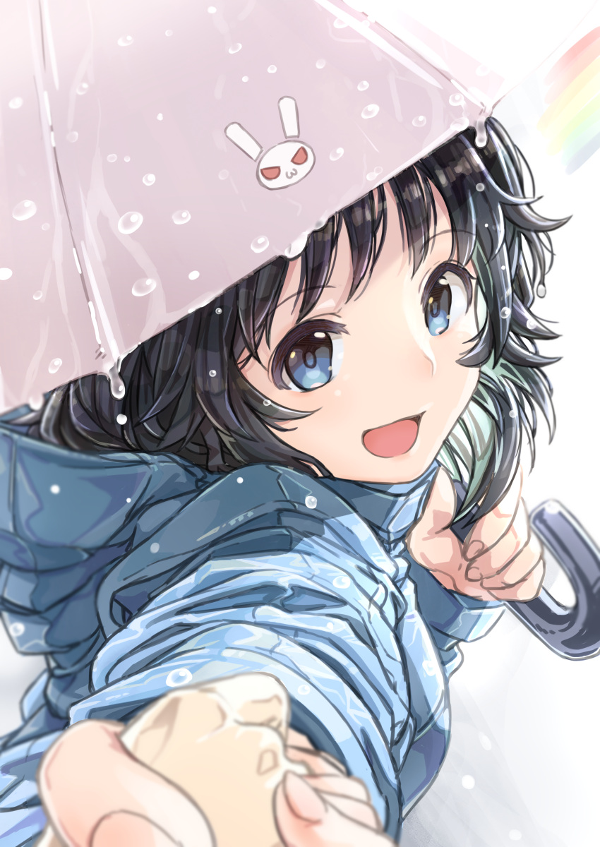 1girl 1other :d absurdres black_hair blue_eyes girls_und_panzer highres holding_hands open_mouth oshiri_seijin rain rainbow raincoat smile umbrella yamagou_ayumi