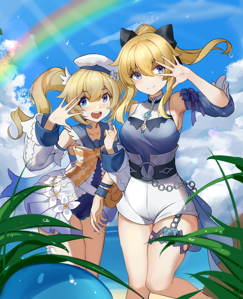 2girls absurdres barbara_pegg bare_shoulders beach belt blonde_hair blouse blue_eyes blue_sky breasts choker cloud cloudy_sky detached_sleeves genshin_impact grass hand_up hat highres jean_gunnhildr long_sleeves looking_at_viewer multiple_girls ocean one-piece_swimsuit open_clothes open_mouth ponytail rainbow sailor_hat sky smile swimsuit twintails waving