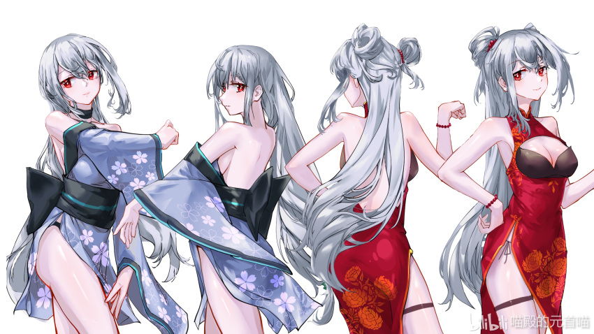 4girls alternate_costume alternate_hairstyle arknights bangs bare_back bare_shoulders bead_bracelet beads blue_kimono bracelet breasts china_dress chinese_clothes chinese_commentary cleavage commentary_request cowboy_shot double_bun dress from_behind hair_between_eyes hand_up highres japanese_clothes jewelry kimono long_hair long_sleeves looking_at_viewer looking_back medium_breasts miaodiande_yuanshoumiao multiple_girls multiple_persona no_hat no_headwear off_shoulder red_dress red_eyes silver_hair simple_background skadi_(arknights) sleeveless sleeveless_dress smile standing thigh_strap thighs very_long_hair white_background wide_sleeves