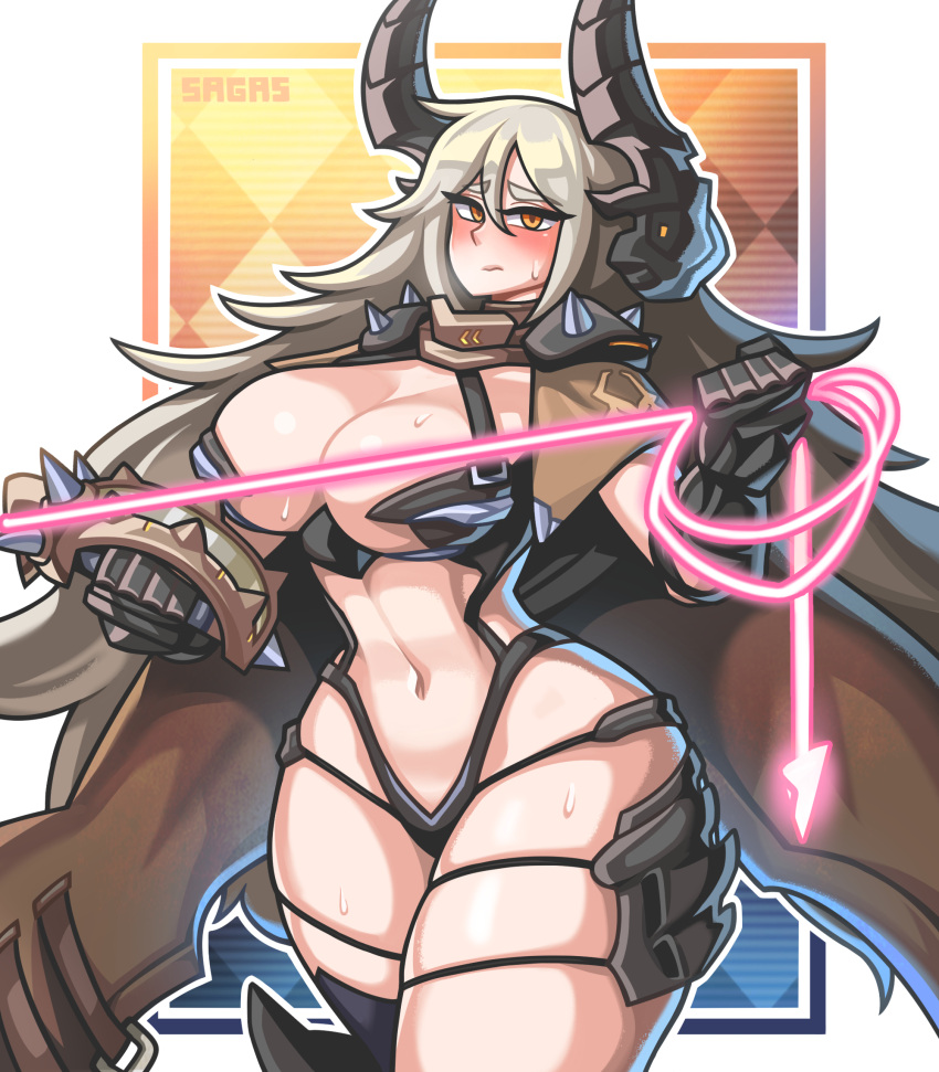 artist_name black_gloves black_horns breasts cleavage cowboy_shot energy_whip faucre gloves grey_hair hair_between_eyes highres horns large_breasts last_origin long_hair navel orange_eyes outline revealing_clothes sagas293 shoulder_spikes skindentation spikes string_bra sweat white_outline