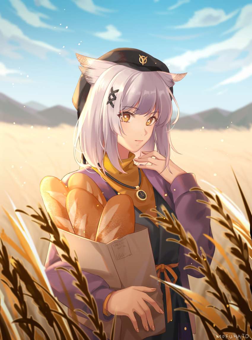 1girl absurdres arknights bag baguette bangs black_headwear blue_sky bread closed_mouth cloud cloudy_sky dated_commentary day eyebrows_visible_through_hair food hat highres holding holding_bag kuroka_tori long_sleeves looking_at_viewer mountainous_horizon official_alternate_costume outdoors owl_ears ptilopsis_(arknights) ptilopsis_(serenity)_(arknights) short_hair silver_hair sky solo upper_body watch wheat_field yellow_eyes