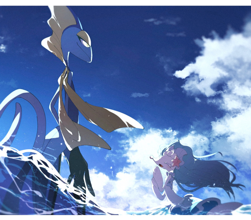 aya_(ayamenora) closed_eyes closed_mouth cloud commentary_request day from_below gen_7_pokemon gen_8_pokemon highres inteleon letterboxed no_humans open_mouth outdoors pokemon pokemon_(creature) primarina sky smile standing tongue water yellow_eyes |d