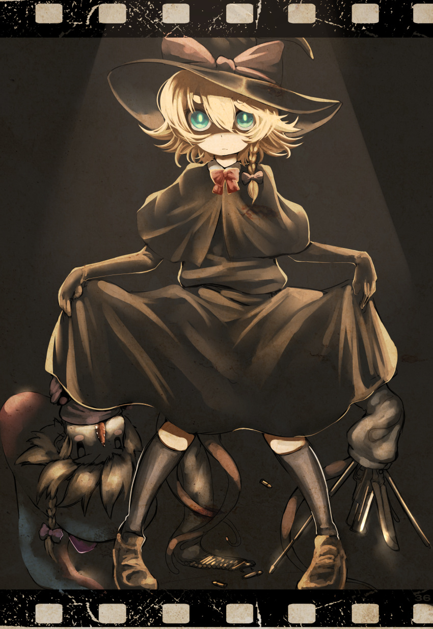 2girls absurdres bangs black_capelet black_gloves black_headwear black_legwear black_shirt black_skirt blonde_hair blue_eyes blush_stickers bow bowtie braid brown_footwear capelet closed_mouth commentary_request cookie_(touhou) elbow_gloves eyebrows_visible_through_hair film_border full_body gloves gun hair_between_eyes hair_bow hat hat_bow highres holding holding_clothes holding_skirt kirisame_marisa knife looking_at_viewer medium_hair meguru_(cookie) multiple_girls purple_bow red_bow red_neckwear shirt shoes sickle side_braid single_braid skirt socks tottoto_neros touhou under_skirt weapon witch_hat yuuhi_(cookie)