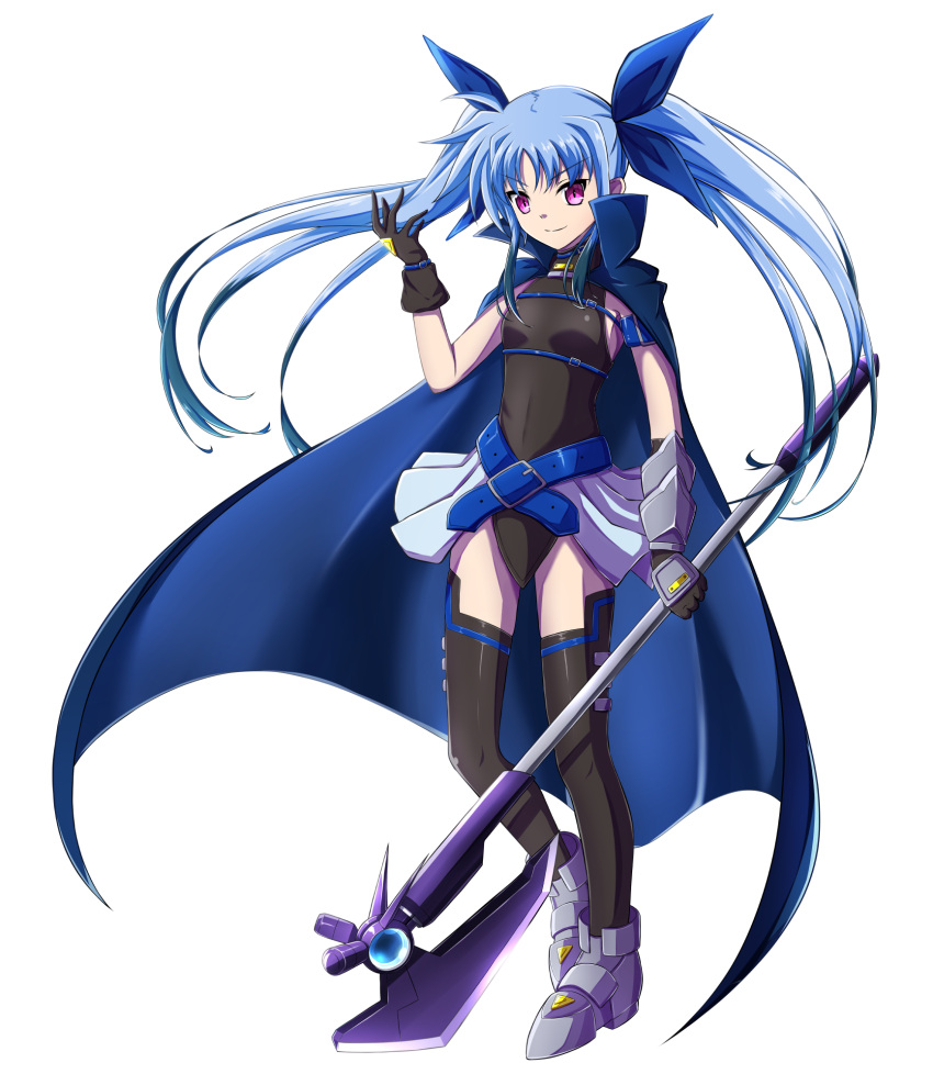 1girl armored_boots black_legwear black_leotard blue_bow blue_cape blue_hair boots bow breasts cape closed_mouth covered_navel floating_hair full_body hair_bow halberd highres holding holding_weapon leotard long_hair lyrical_nanoha mahou_shoujo_lyrical_nanoha mahou_shoujo_lyrical_nanoha_a's mahou_shoujo_lyrical_nanoha_a's_portable:_the_battle_of_aces material-l oshimaru026 polearm red_eyes shiny shiny_hair showgirl_skirt simple_background small_breasts smile solo standing thighhighs twintails very_long_hair weapon white_background