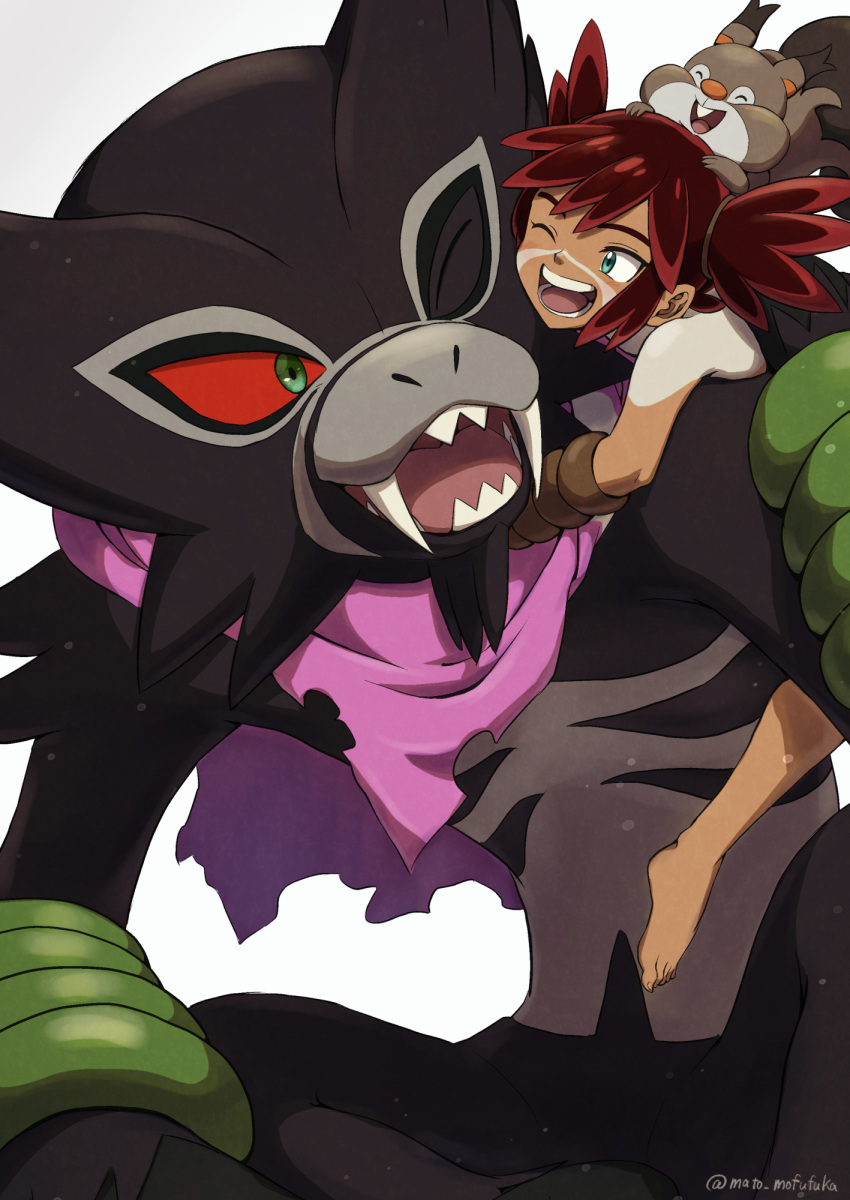 1boy ;d bangs barefoot bodypaint commentary_request gen_8_pokemon green_eyes highres hug koko_(pokemon) male_focus mato. mythical_pokemon on_head one_eye_closed open_mouth pokemon pokemon_(anime) pokemon_(creature) pokemon_m23 pokemon_on_head red_hair shirtless simple_background skwovet smile teeth tied_hair toes tongue white_background zarude