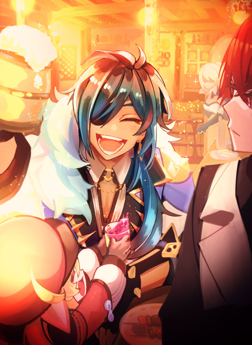2boys 2girls :d ahoge alcohol bangs beer beer_mug black_gloves black_hair blonde_hair bow brown_gloves cabbie_hat cup diluc_ragnvindr drinking_glass enpitsu01 eyebrows_visible_through_hair eyepatch fingerless_gloves food fur_scarf genshin_impact gloves hair_between_eyes hair_bow hair_ribbon hat highres holding jean_gunnhildr juice kaeya_alberich klee_(genshin_impact) long_hair looking_at_another looking_at_viewer low_twintails mug multiple_boys multiple_girls open_mouth plate pointy_ears ponytail red_eyes red_hair ribbon sidelocks smile tavern twintails wooden_cup