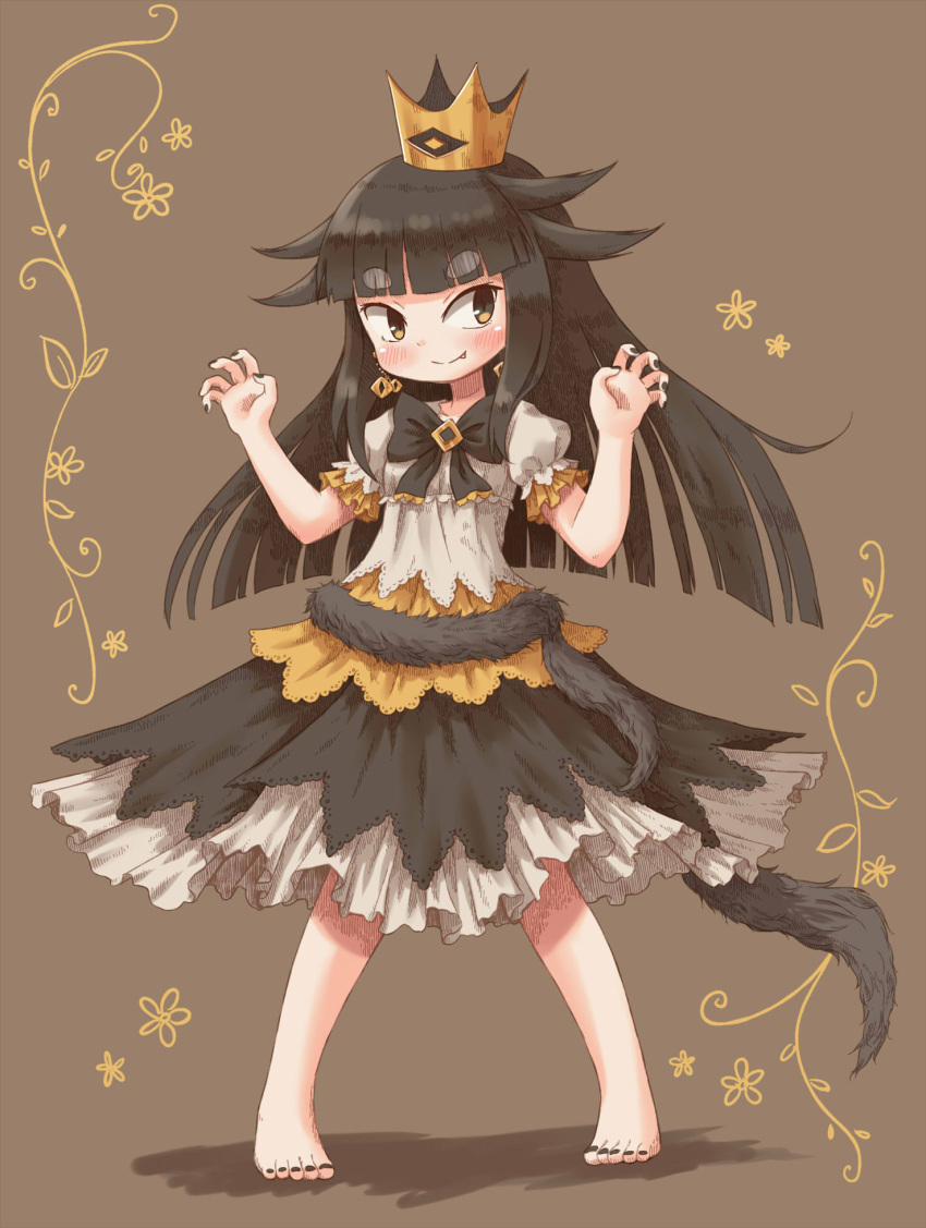 1girl arinu bangs barefoot black_hair black_nails black_neckwear black_skirt blunt_bangs blush bow brown_background claw_pose commentary_request crown earrings fang fang_out flower full_body hands_up highres jewelry liar_princess long_hair nail_polish shirt short_sleeves skirt smile solo tail toenail_polish usotsuki_hime_to_moumoku_ouji white_shirt wolf_tail