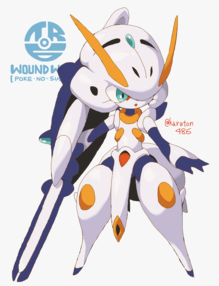 :o advance_of_zeta aqua_eyes arm_cannon character_name gundam highres kuruton486 looking_to_the_side monsterification no_humans open_hand open_mouth parody pokemon pokemon_(creature) style_parody tr-6_woundwort weapon