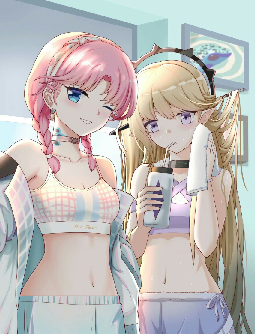 2girls arknights blonde_hair blue_eyes blue_poison_(arknights) blue_poison_(shoal_beat)_(arknights) blue_shorts bottle braid choker collarbone drinking_straw hairband headgear highres holding holding_bottle indigo_(arknights) infection_monitor_(arknights) long_hair medium_hair midriff multiple_girls navel o-ring o-ring_choker official_alternate_costume one_eye_closed pink_choker pink_hair pointy_ears purple_eyes purple_shorts purple_sports_bra scales shorts sports_bra sportswear twin_braids upper_body white_sports_bra xiongbazhihe