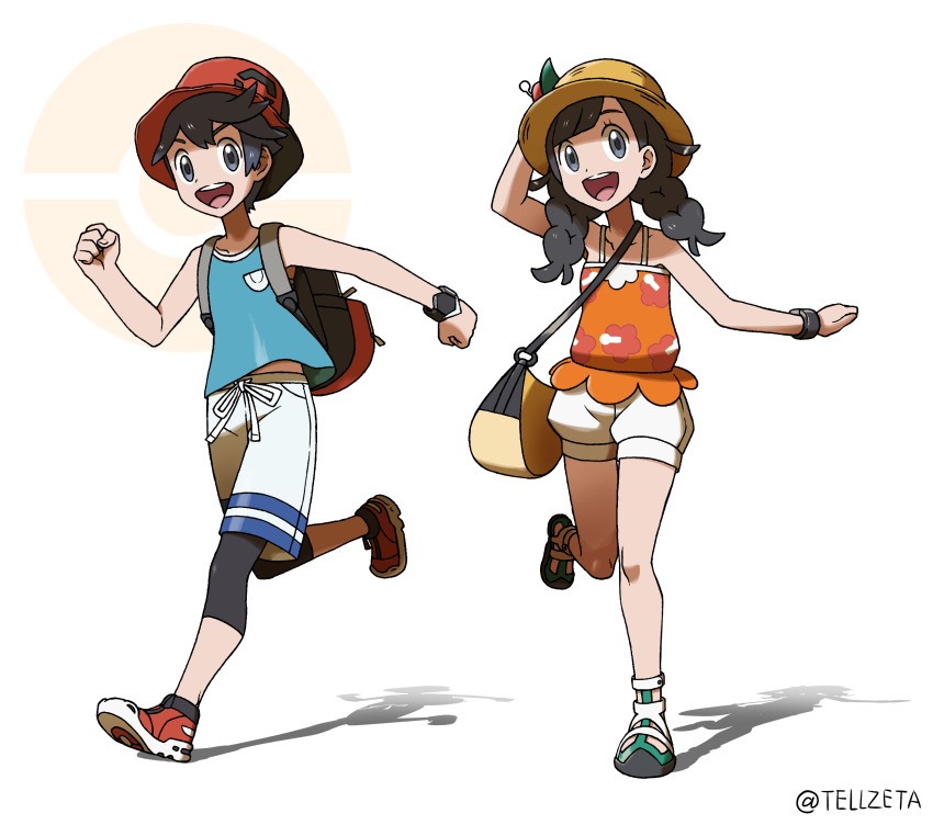 1boy 1girl :d bag black_hair blue_shirt bracelet braid bucket_hat clenched_hands collarbone commentary_request elio_(pokemon) green_footwear hat highres jewelry knees leg_up leggings open_mouth pokemon pokemon_(game) pokemon_usum red_headwear running selene_(pokemon) shirt shoes shorts shoulder_bag sleeveless sleeveless_shirt smile standing tank_top teru_zeta tongue twin_braids upper_teeth white_shorts z-ring