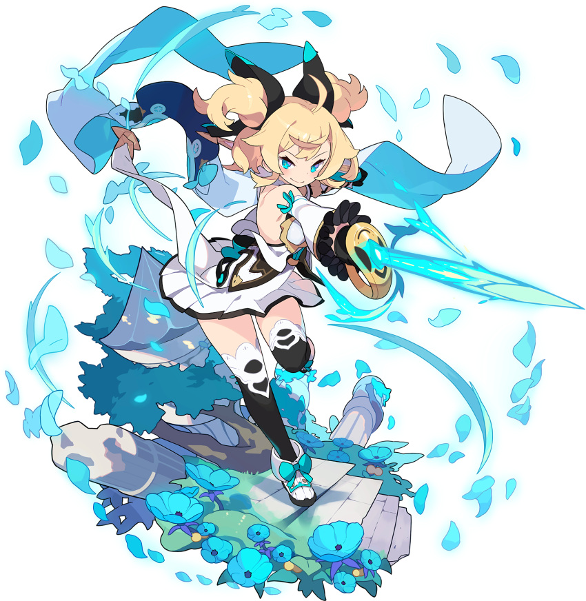 1girl ahoge aqua_bow arm_shield arm_up artist_request asymmetrical_gloves back_bow bangs bare_shoulders black_gloves black_legwear blonde_hair blue_eyes blue_flower blush bow breasts bush cape cape_removed clenched_hand closed_mouth day detached_sleeves dress energy_sword flower footwear_bow frilled_sleeves frills full_body gloves grass hair_ornament half-closed_eyes half_gloves happy heart highres holding holding_sword holding_weapon leaning_forward leg_up looking_at_viewer medium_hair moss non-web_source official_art outdoors outstretched_arms petals pleated_dress rapier shield shiny shiny_hair shoes sidelocks silty_(world_flipper) single_vambrace small_breasts smile solo stairs standing standing_on_one_leg strapless strapless_dress sword thighhighs tied_hair transparent_background two-sided_cape two-sided_fabric two_side_up v-shaped_eyebrows vambraces weapon white_cape white_dress white_footwear white_sleeves world_flipper zettai_ryouiki