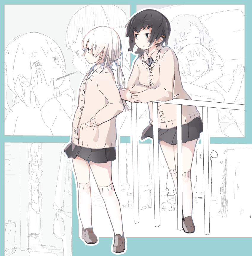 2girls absurdres black_hair cardigan food hair_ornament hairclip hand_in_another's_hair highres holding holding_hair hug hug_from_behind miniskirt multiple_girls multiple_views original pocky pocky_kiss ponytail railing roisa school_uniform short_hair skirt white_hair yuri