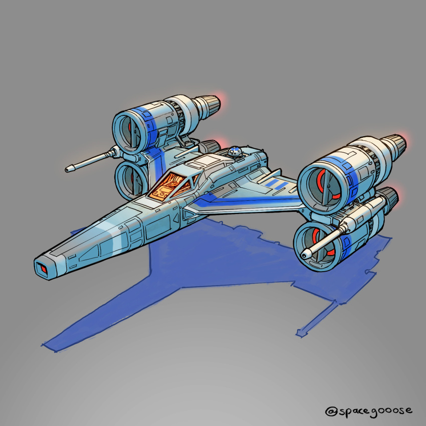 astromech_droid canopy_(aircraft) droid english_commentary flying grey_background highres no_humans original robot science_fiction shadow space_craft space_gooose star_wars starfighter thrusters twitter_username vehicle_focus