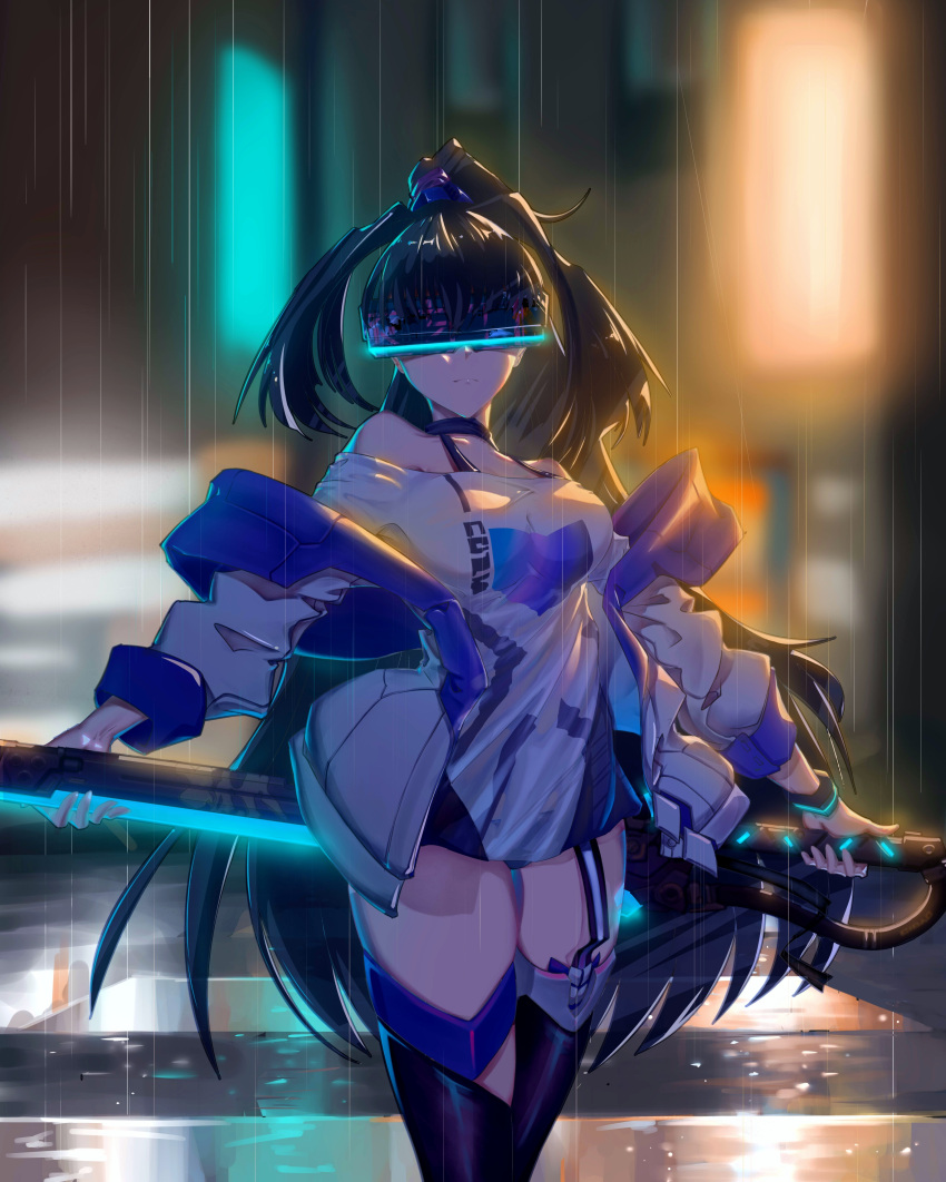 1girl absurdres bangs bare_shoulders black_hair black_legwear city city_lights closed_mouth gao_guangyue glowing glowing_sword glowing_weapon head_mounted_display highres holding holding_sword holding_weapon honkai_(series) honkai_impact_3rd jacket katana long_hair long_sleeves outdoors ponytail raiden_mei raiden_mei_(striker_fulminata) rain shirt solo sword thighhighs weapon white_jacket white_shirt