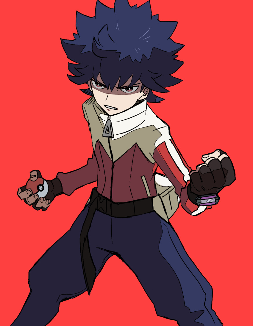 1boy black_gloves black_hair bright_pupils brown_eyes clenched_hand fingerless_gloves gloves hand_up highres holding holding_poke_ball hugh_(pokemon) jacket kokesa_kerokero legs_apart long_sleeves male_focus pants parted_lips poke_ball poke_ball_(basic) pokemon pokemon_(game) pokemon_bw2 red_background red_jacket simple_background solo spiked_hair turtleneck_jacket two-tone_jacket white_jacket white_pupils zipper_pull_tab