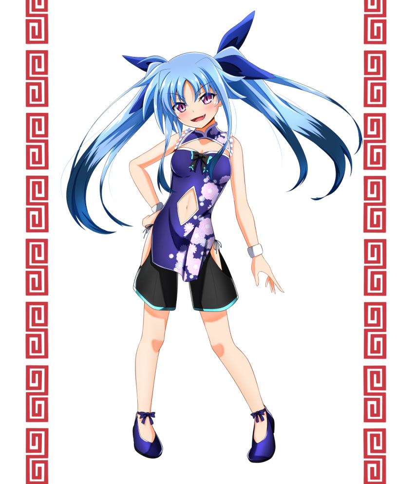 1girl :d bangs black_hair black_shorts blue_bow blue_footwear blue_hair blush bow breasts china_dress chinese_clothes cleavage clothing_cutout dress eyebrows_visible_through_hair fang floating_hair full_body hair_between_eyes hair_bow hand_on_hip highres long_hair looking_at_viewer lyrical_nanoha mahou_shoujo_lyrical_nanoha mahou_shoujo_lyrical_nanoha_a's mahou_shoujo_lyrical_nanoha_a's_portable:_the_battle_of_aces material-l medium_breasts midriff multicolored_hair navel open_mouth oshimaru026 print_dress pumps purple_dress purple_eyes shiny shiny_hair shorts sleeveless sleeveless_dress smile solo stomach stomach_cutout twintails two-tone_hair very_long_hair white_background wrist_cuffs