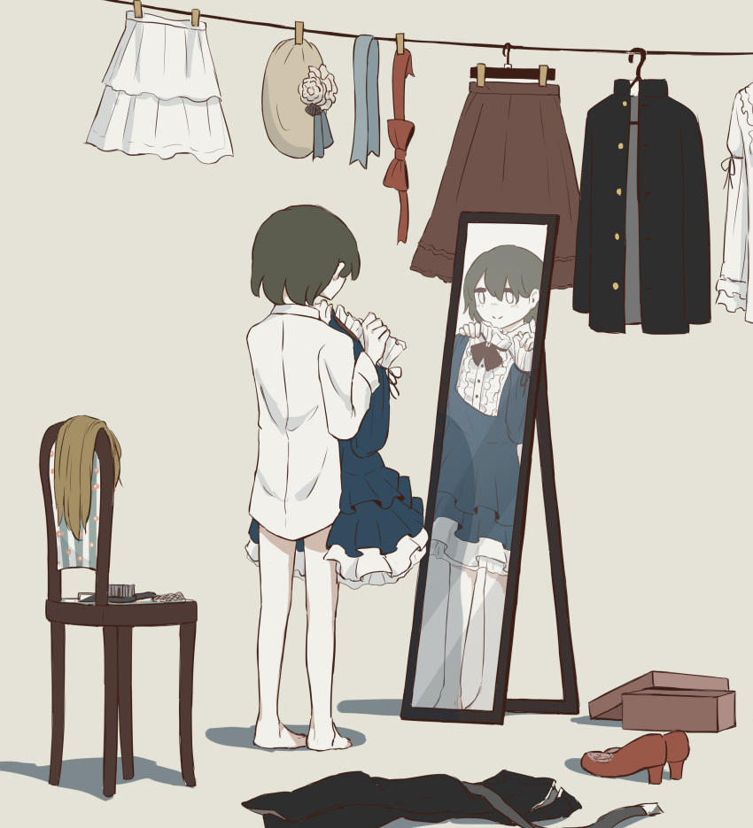 1boy absurdres avogado6 barefoot bow brush closed_mouth clothes_removed crossdressing facing_away from_behind full-length_mirror gakuran green_hair grey_background hat high_heels highres long_sleeves male_focus mirror original red_bow school_uniform shirt shoes short_hair simple_background skirt smile solo standing trying_on_clothes white_shirt white_skirt wig wig_removed