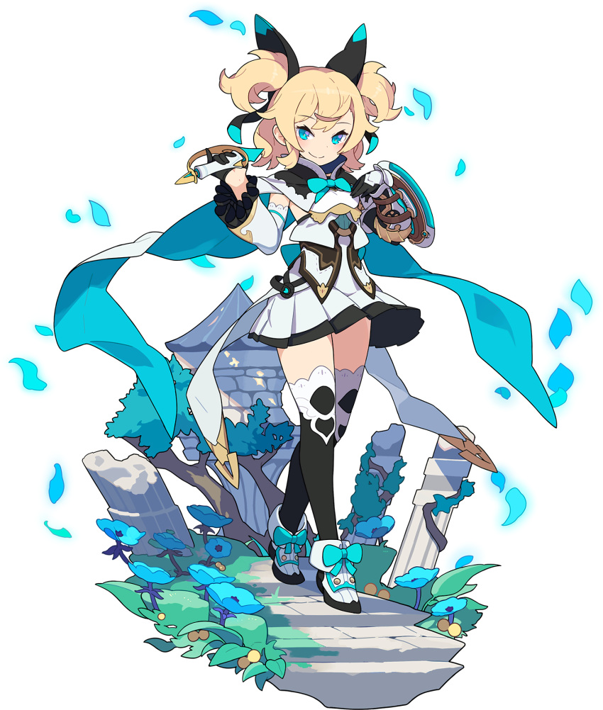 1girl ahoge aqua_bow arm_shield artist_request asymmetrical_gloves back_bow bangs black_gloves black_legwear blonde_hair blue_eyes blue_flower blush bow breasts bush cape closed_mouth day detached_sleeves dress flower footwear_bow frilled_sleeves frills full_body gloves grass hair_ornament half-closed_eyes half_gloves hands_up happy heart highres holding holding_sword holding_weapon looking_at_viewer medium_hair moss non-web_source official_art outdoors petals pleated_dress shield shiny shiny_hair shoes sidelocks silty_(world_flipper) single_vambrace small_breasts smile solo stairs standing sword thighhighs tied_hair transparent_background two-sided_cape two-sided_fabric two_side_up vambraces weapon white_cape white_dress white_footwear white_sleeves world_flipper zettai_ryouiki