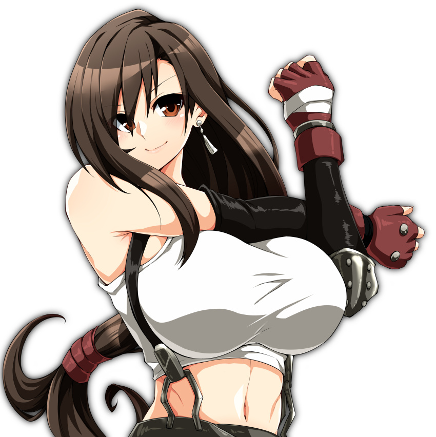 1girl absurdres bangs breasts brown_eyes brown_hair commentary_request crop_top earrings elbow_gloves final_fantasy final_fantasy_vii final_fantasy_vii_remake fingerless_gloves gloves highres huge_breasts jewelry long_hair looking_at_viewer midriff muscular muscular_female navel red_gloves shangorilla smile solo stretch suspenders tank_top tifa_lockhart upper_body white_tank_top