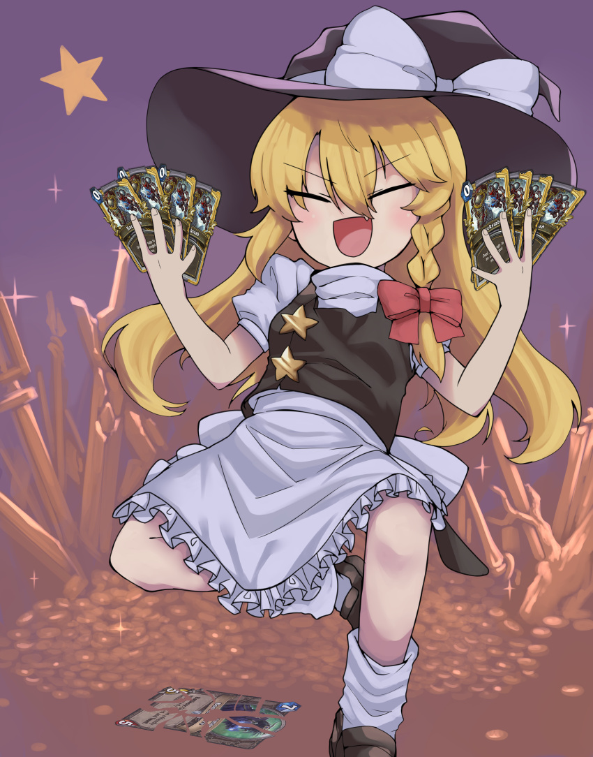 1girl absurdres apron bangs black_skirt black_vest blonde_hair blush bow braid brown_footwear closed_eyes coin commentary_request cookie_(touhou) eyebrows_visible_through_hair fang frilled_apron frills full_body hair_between_eyes hair_bow hat hat_bow hearthstone highres holding kirisame_marisa long_hair open_mouth planted planted_sword purple_background red_bow shoes side_braid single_braid skin_fang skirt socks solo sparkle star_(symbol) suzu_(cookie) sword tottoto_neros touhou trading_card vest waist_apron weapon white_apron white_bow white_legwear witch_hat