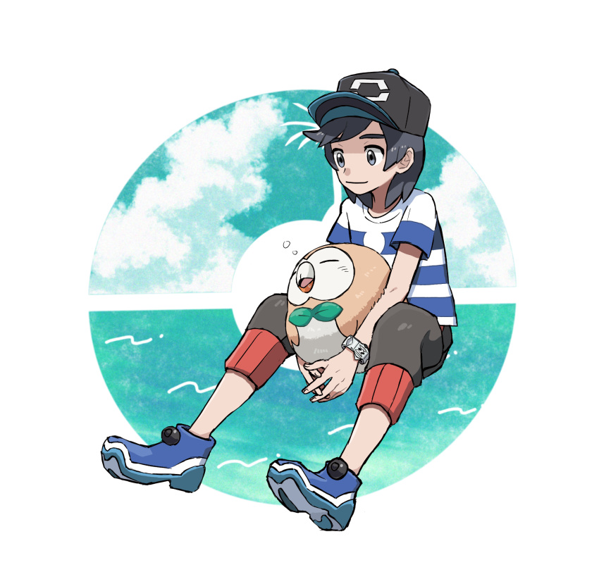 1boy bangs baseball_cap black_hair black_headwear blue_footwear bracelet brown_pants bubble capri_pants closed_mouth cloud elio_(pokemon) gen_7_pokemon grey_eyes hat highres holding holding_pokemon jewelry kokesa_kerokero male_focus medium_hair pants pokemon pokemon_(creature) pokemon_(game) pokemon_sm rowlet shirt shoes short_sleeves sitting sky smile starter_pokemon striped striped_shirt t-shirt z-ring