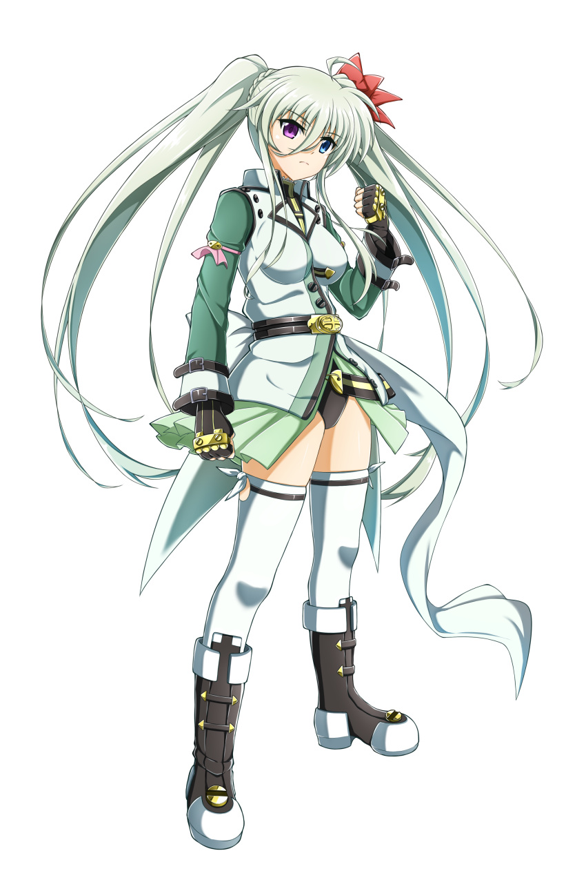 1girl absurdres ahoge bangs black_gloves black_leotard blue_eyes boots breasts closed_mouth einhart_stratos eyebrows_visible_through_hair fingerless_gloves floating_hair frown full_body gloves green_sleeves hair_between_eyes heterochromia highres leotard long_hair long_sleeves lyrical_nanoha mahou_shoujo_lyrical_nanoha_vivid medium_breasts oshimaru026 purple_eyes shiny shiny_hair showgirl_skirt silver_hair simple_background solo standing thighhighs twintails very_long_hair white_background white_legwear