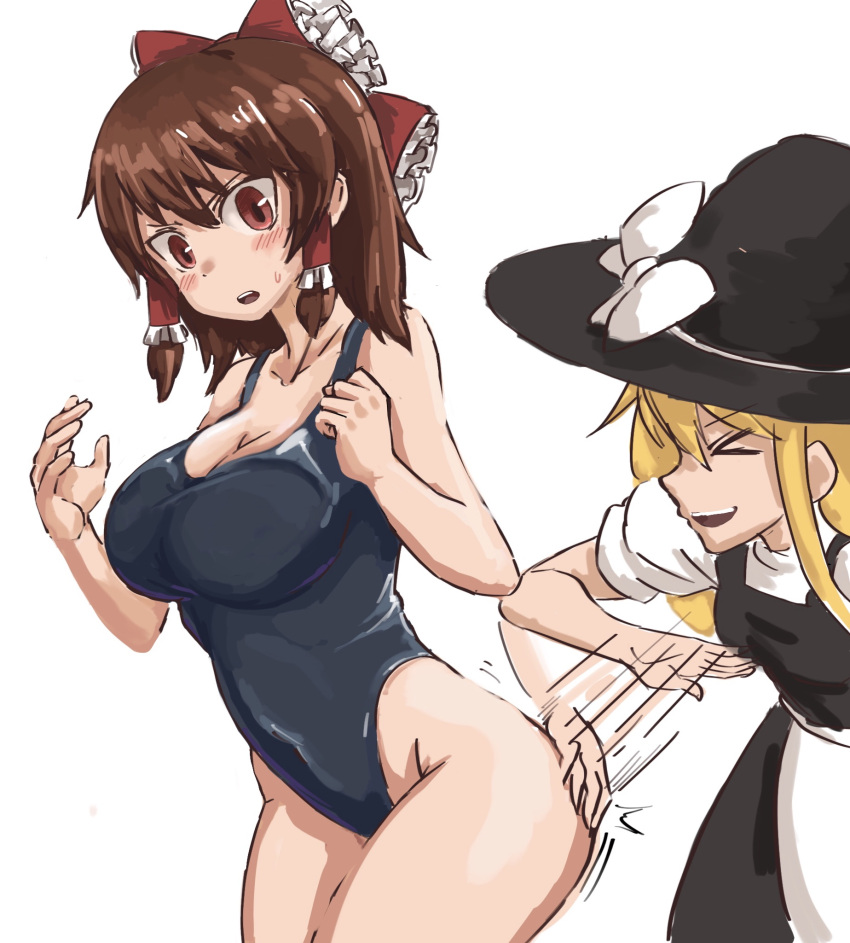 &gt;_&lt; 2girls alternate_costume apron ass_smack bangs black_skirt black_swimsuit black_vest blonde_hair blush bow breasts brown_hair cleavage commentary_request cookie_(touhou) cowboy_shot frilled_bow frilled_hair_tubes frills hair_bow hair_tubes hakurei_reimu hat hat_bow highleg highleg_swimsuit highres kirisame_marisa large_breasts long_hair medium_hair motion_lines multiple_girls nob1109 one-piece_swimsuit open_mouth red_bow red_eyes reu_(cookie) school_swimsuit shirt simple_background skirt swimsuit touhou uzuki_(cookie) vest waist_apron white_apron white_background white_bow white_shirt witch_hat