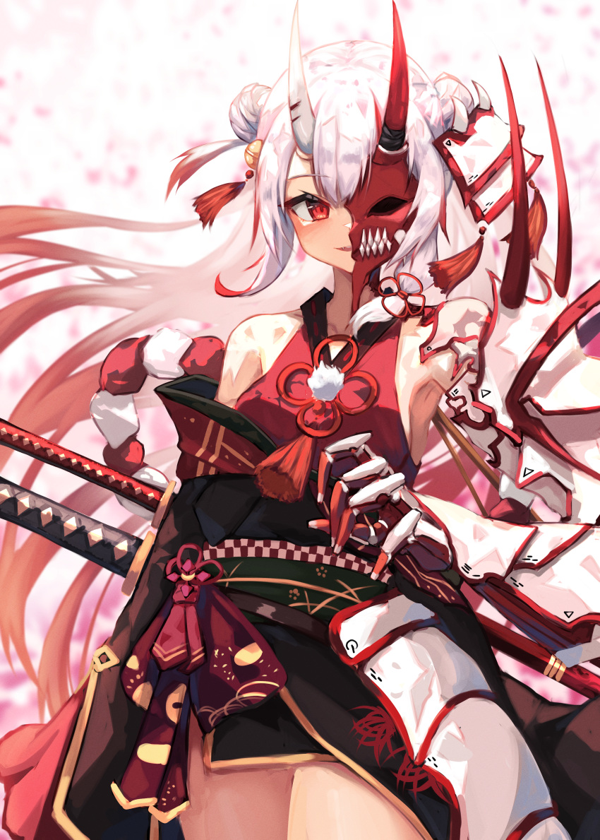 1girl absurdres armor armpits bangs bell black_kimono bow double_bun eyebrows_visible_through_hair fang floral_print flower frilled_sleeves frills gold_trim gradient_hair hair_bell hair_ornament highres hololive horns huge_filesize inre_kemomimi japanese_clothes jingle_bell katana kimono kouhaku_nawa long_hair long_sleeves looking_at_viewer mask mask_on_head multicolored_hair nakiri_ayame obi off-shoulder_kimono oni oni_horns oni_mask open_mouth red_eyes red_hair sash sheath sheathed short_kimono sidelocks smile solo spider_lily streaked_hair sword tassel two_side_up virtual_youtuber weapon white_hair wide_sleeves