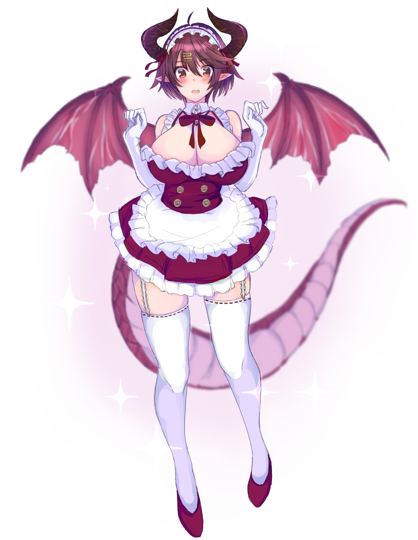 amano cleavage granblue_fantasy grea_(granblue_fantasy) grea_(shingeki_no_bahamut) horns maid manaria_friends no_bra pointy_ears shingeki_no_bahamut tail thighhighs wings