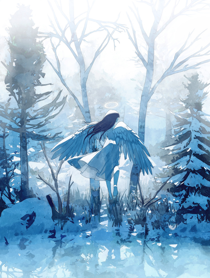 1girl absurdres angel angel_wings bare_tree barefoot brown_hair dress feathered_wings fog forest from_behind grass halo highres long_hair nature original outdoors pine_tree scenery snow solo tree walking_away white_dress white_wings wind wings zarea