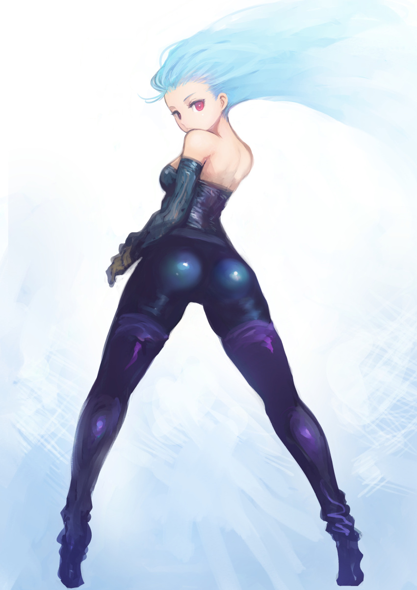 1girl ass bare_shoulders blue_hair boots breasts closed_mouth floating_hair from_behind highres johan_(johan13) kula_diamond long_hair looking_at_viewer looking_back purple_footwear red_eyes small_breasts solo the_king_of_fighters thigh_boots thighhighs tiptoes