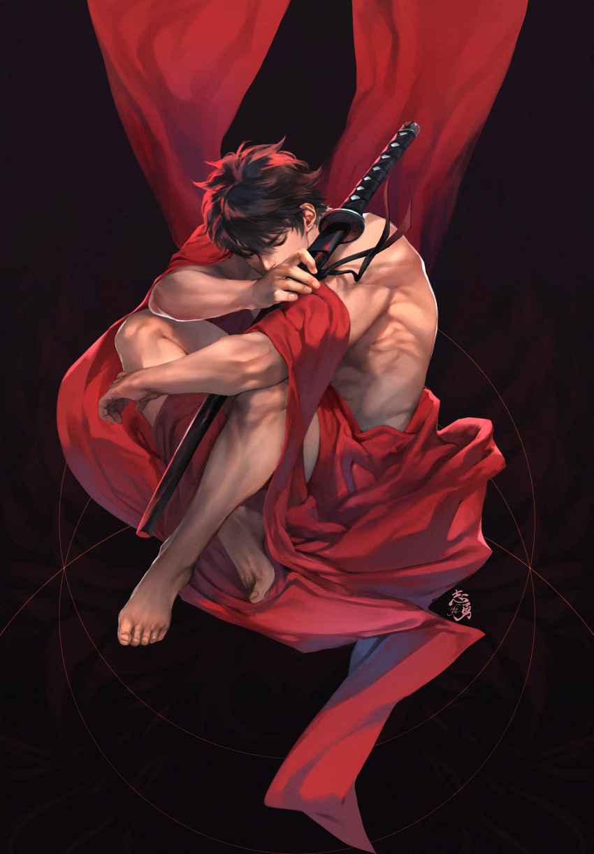 1boy absurdres artist_name bangs barefoot black_hair closed_eyes crossed_ankles elbow_on_knee feet hand_up highres holding holding_sword holding_weapon katana knees_up male_focus naked_robe nose original over_shoulder realistic red_robe robe sheath sheathed shiyuu_(shiyu) short_hair signature sitting solo sword sword_over_shoulder toned toned_male weapon weapon_over_shoulder