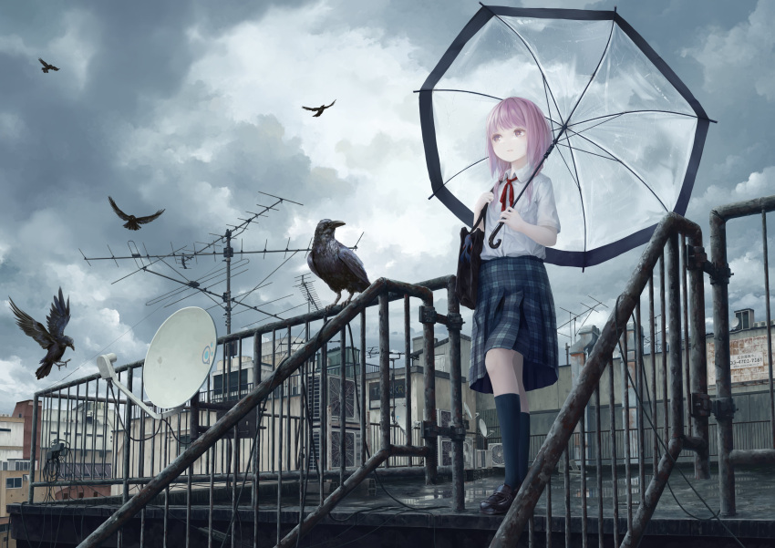 1girl absurdres air_conditioner antenna_hair bag bird braid building cloud cloudy_sky collared_shirt crow expressionless full_body highres kaf_(kamitsubaki_studio) kamitsubaki_studio kneehighs loafers low_twin_braids multicolored multicolored_eyes neck_ribbon overcast pink_hair railing red_ribbon ribbon rooftop satellite_dish school_bag school_uniform shirt shoes shoulder_bag skirt sky transparent transparent_umbrella twin_braids umbrella virtual_youtuber white_shirt winter_parasol yellow_pupils