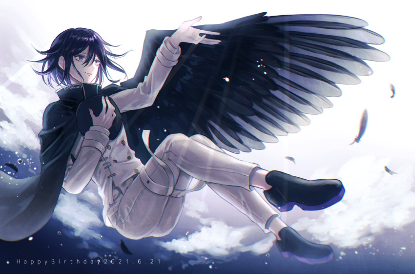 1boy bangs black_cape black_footwear black_hair black_headwear black_wings cape closed_mouth cloud commentary_request danganronpa_(series) danganronpa_v3:_killing_harmony dated feathers full_body gloves hair_between_eyes hand_up happy_birthday headwear_removed jacket long_sleeves looking_at_viewer male_focus multicolored_hair ouma_kokichi pants purple_eyes purple_hair sakuyu shoes single_wing smile solo white_gloves white_pants wings
