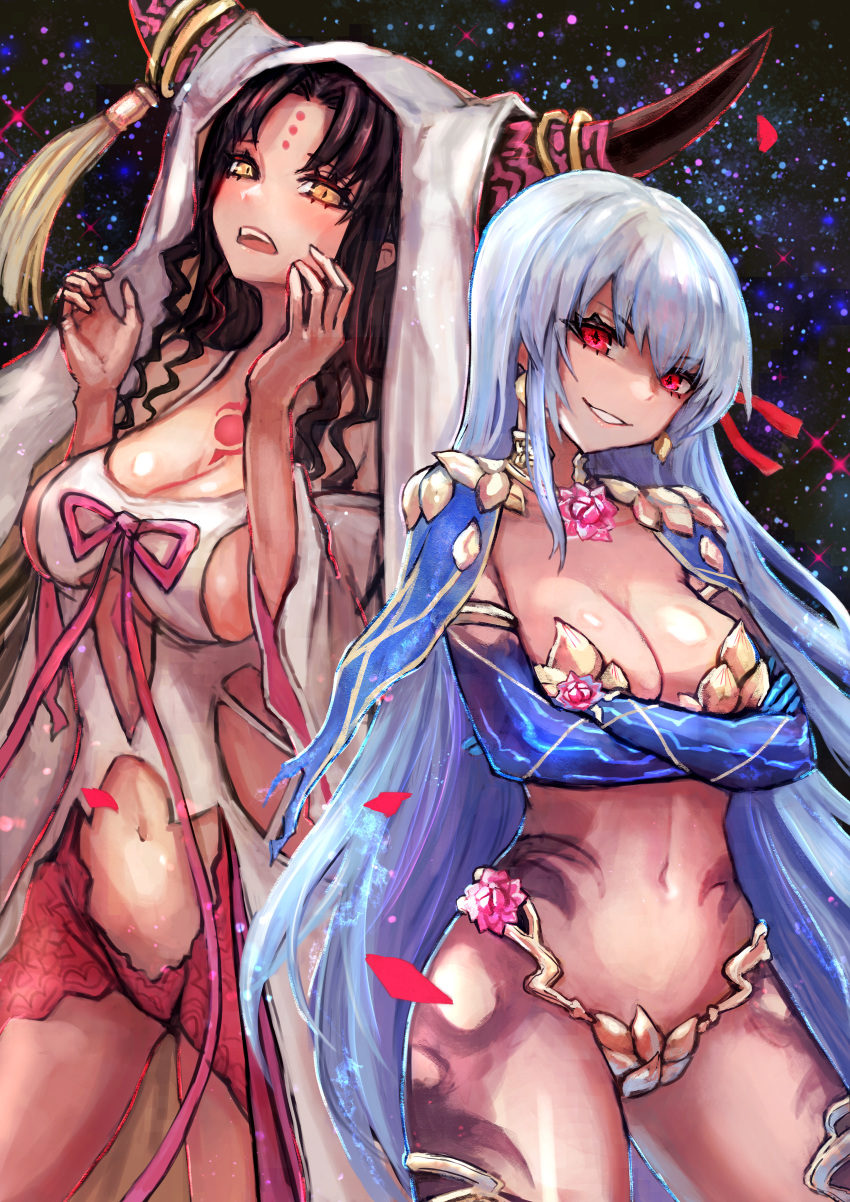 absurdres blush breasts demon_girl demon_horns earrings evil_grin evil_smile fate/grand_order fate_(series) grin highres horns huge_filesize jewelry kama_(fate) large_breasts long_hair looking_at_viewer open_mouth red_eyes revealing_clothes ribbon sabamisob sesshouin_kiara smile tassel white_hair yellow_eyes