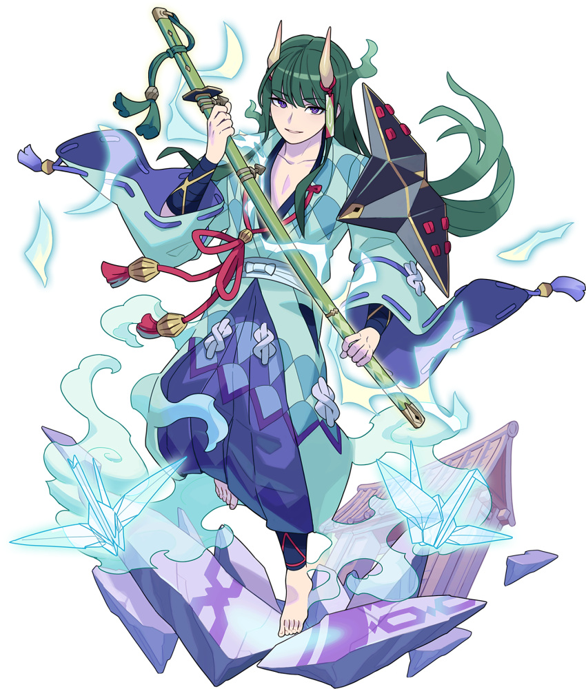 1boy aqua_kimono architecture armor artist_request bangs barefoot blue_legwear blue_pants collarbone east_asian_architecture eyebrows_visible_through_hair eyeshadow feet full_body green_eyeshadow green_hair hakama_pants hand_up happy highres holding holding_sword holding_weapon horns japanese_clothes katana kimono leg_up long_hair long_sleeves looking_at_viewer makeup male_focus murakumo_(world_flipper) non-web_source obi official_art oni oni_horns open_clothes open_kimono open_mouth origami pants paper_crane purple_eyes ribbon-trimmed_sleeves ribbon_trim sash sheath sheathed shoulder_armor sidelocks skin-covered_horns smile smoke solo standing standing_on_one_leg sword tassel transparent transparent_background weapon wide_sleeves world_flipper