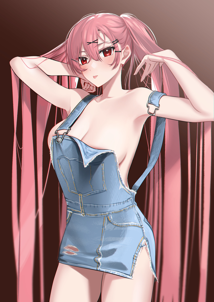 1girl :p absurdres armpits arms_up bangs blush breasts brown_background chinese_commentary cleavage collarbone commentary_request cowboy_shot denim eyebrows_visible_through_hair gou_d gradient gradient_background hair_ornament hairclip highres large_breasts long_hair looking_at_viewer naked_overalls original overalls pink_hair red_eyes side_slit solo straight_hair tongue tongue_out torn_clothes twintails very_long_hair x_hair_ornament