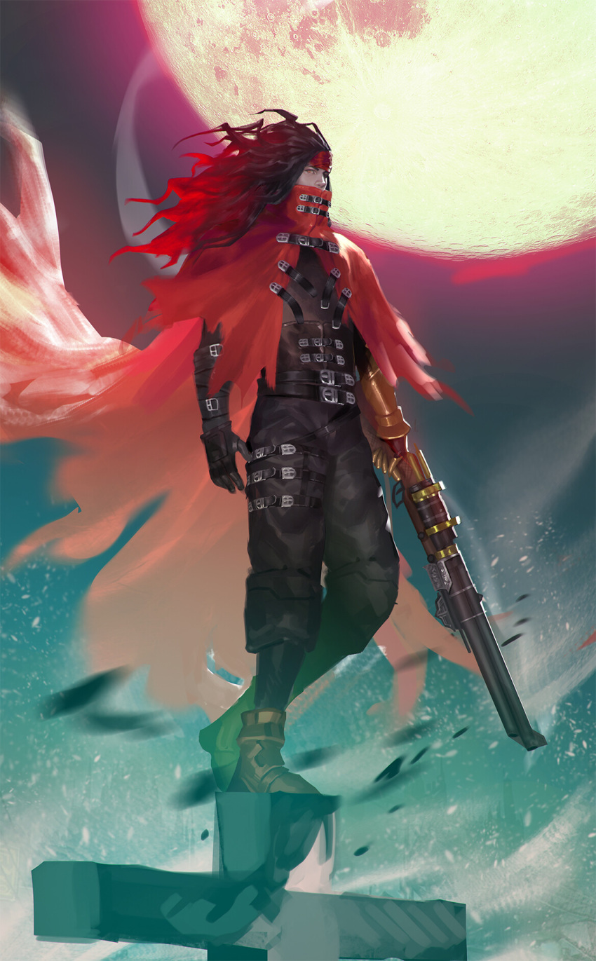 1boy black_hair cape clawed_gauntlets cloak cross fahmi_fauzi final_fantasy final_fantasy_vii gloves gun headband hidden_mouth highres long_hair moon pale_skin pointed_footwear red_cloak red_eyes red_headband rifle torn_clothes vincent_valentine weapon