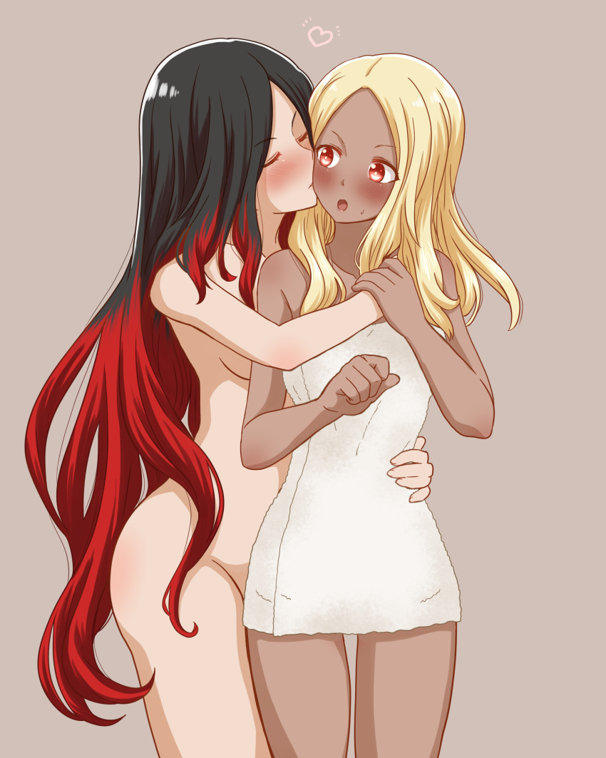 2girls absurdres arm_around_waist black_hair blonde_hair blush breasts brown_eyes closed_eyes crow_(gravity_daze) dark-skinned_female dark_skin gravity_daze heart highres holding_hands hug kiss kitten_(gravity_daze) kurosawa_karura long_hair looking_at_another multicolored_hair multiple_girls naked_towel nude open_mouth red_hair standing towel two-tone_hair very_long_hair yuri