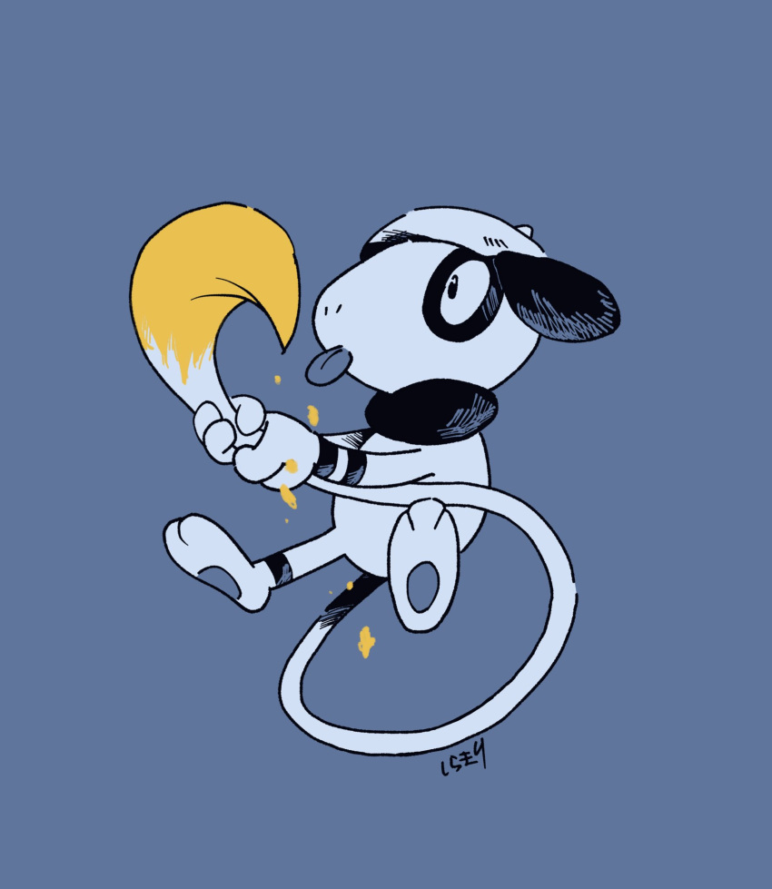 black_eyes full_body gen_2_pokemon grey_background greyscale highres holding monochrome no_humans paint pokemon pokemon_(creature) shiramari simple_background smeargle solo spot_color tail toes tongue tongue_out
