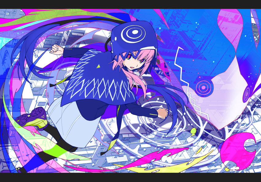 1girl absurdres boots building capelet cityscape dress fish foot_out_of_frame highres hood hood_up hooded_capelet kaf_(kamitsubaki_studio) kamitsubaki_studio long_hair long_sleeves looking_at_viewer looking_back multicolored multicolored_eyes open_mouth pink_hair ripples tarou2 twintails virtual_youtuber